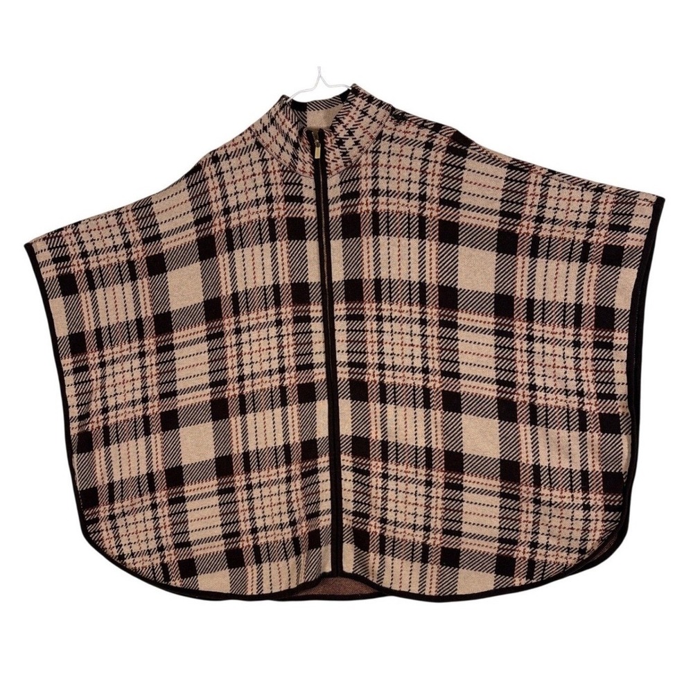 Jones New York Signature Plaid Knit Poncho Wrap Tan Brown Zip Front JPMF9SO357